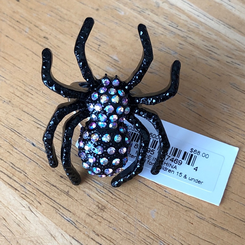 Betsey Johnson Black Crystal Encrusted Spider Cocktail Stretch Ring Size 7.5 NWT